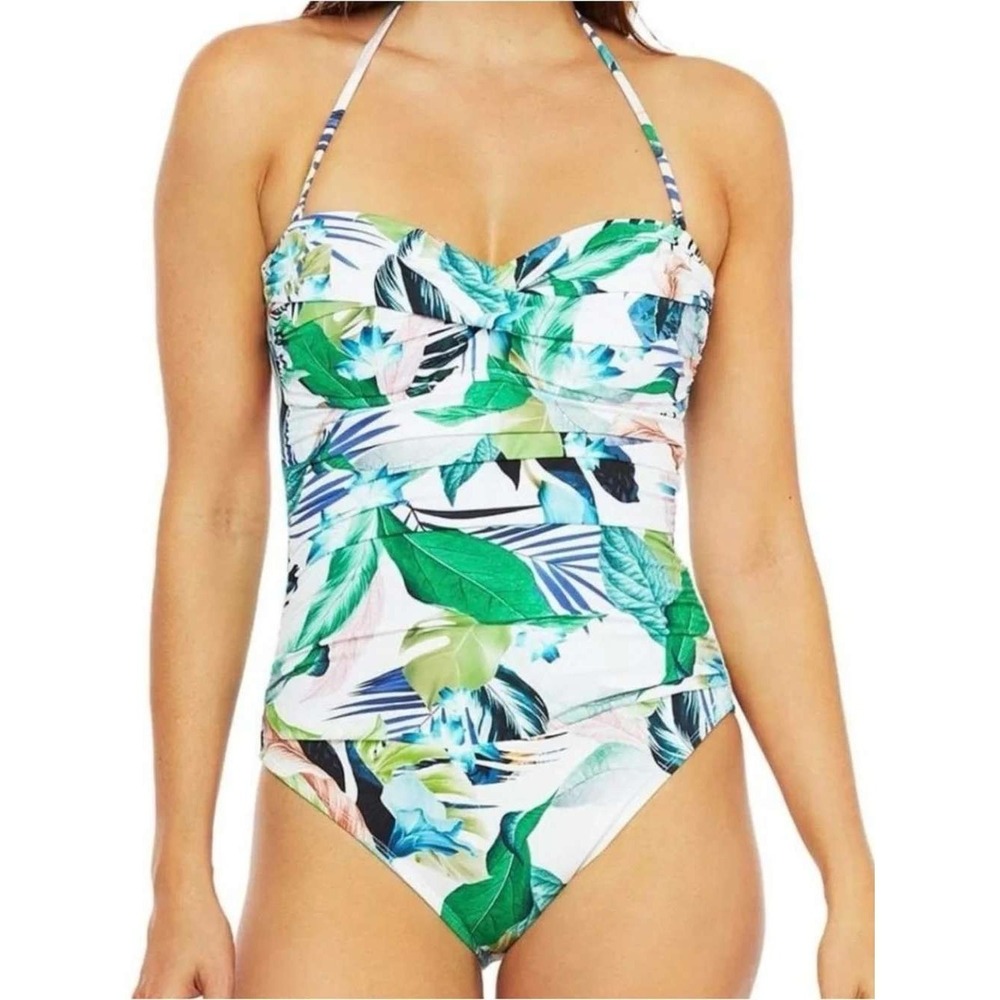 La Blanca One Piece Swimsuit Womens 12 White‎ Tropical Floral Halter Twist Front - Picture 2 of 7